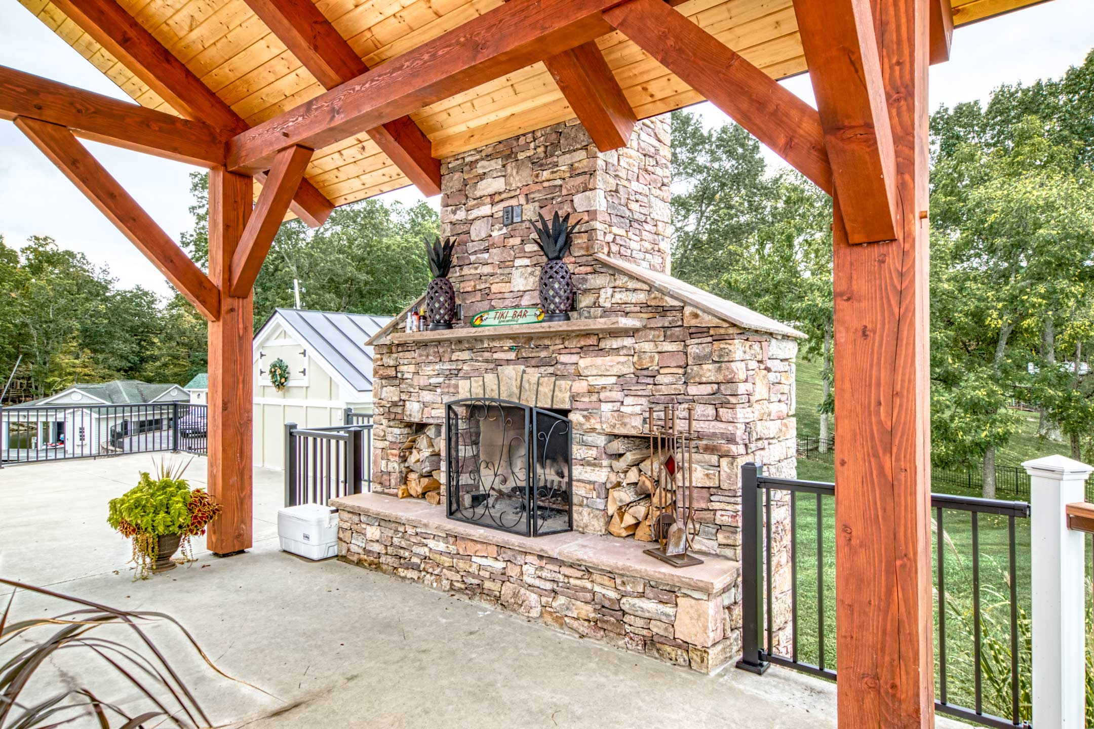 Blue Ridge Timberwrights - Claytor Lake Pavilion patio with fireplace