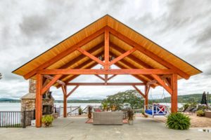 Blue Ridge Timberwrights - Claytor Lake Pavilion decorated patio overlooking lake front