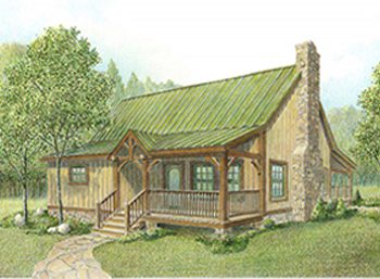 Illustrated timber frame floor plan rendering, exterior view 1