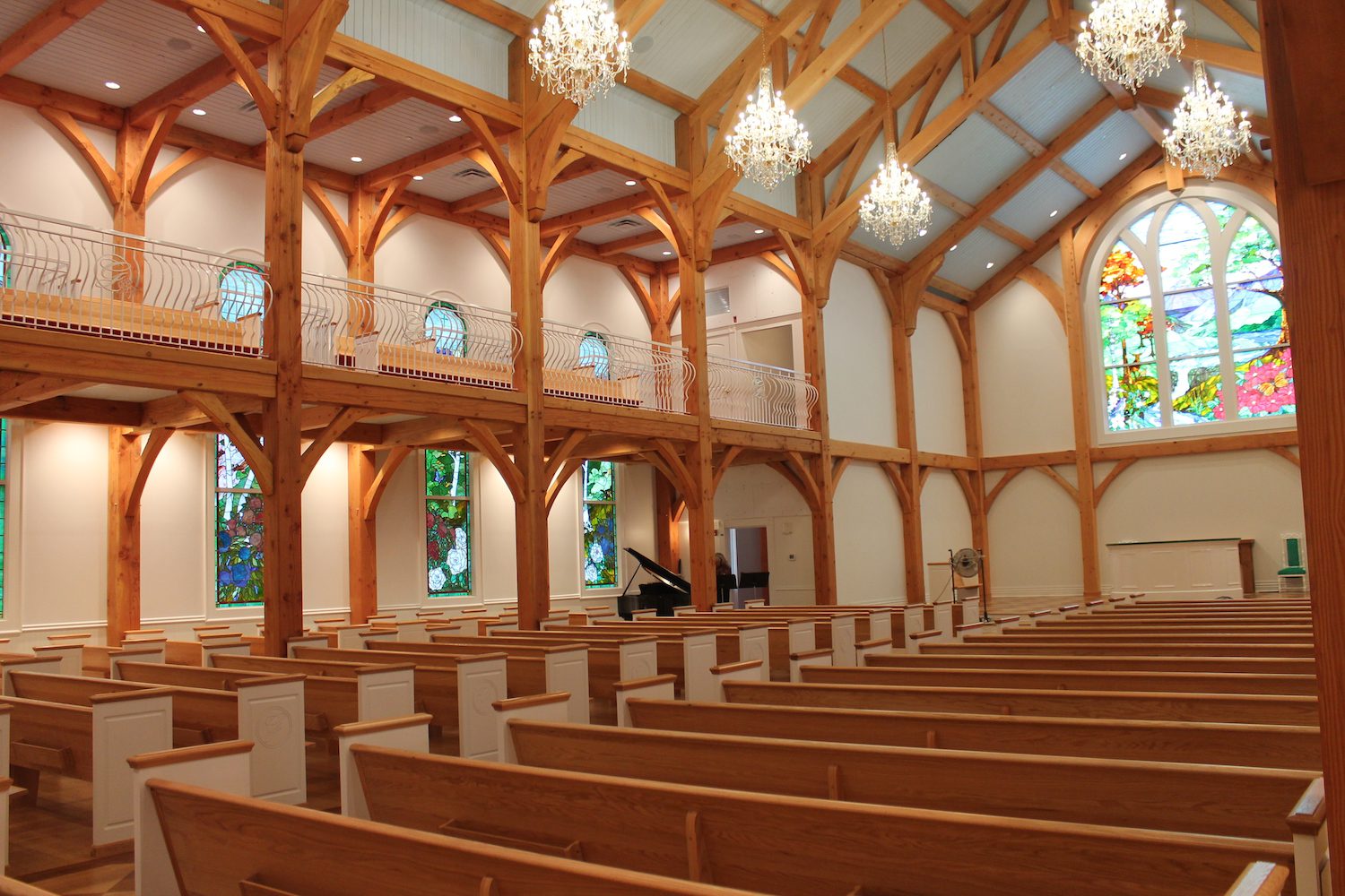 The Greenbrier Chapel seating, lower level, timber framing
