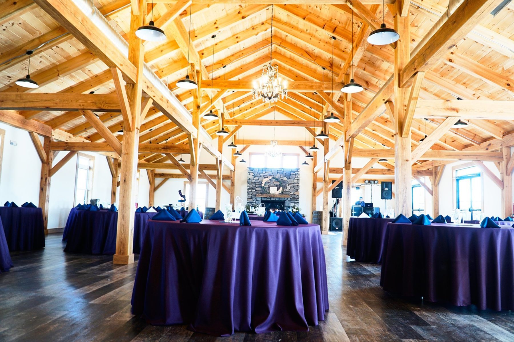 Decorated tables with purple coverings - Fox Meadow Barn Blue Ridge Timberwrights Event Venues Gallery