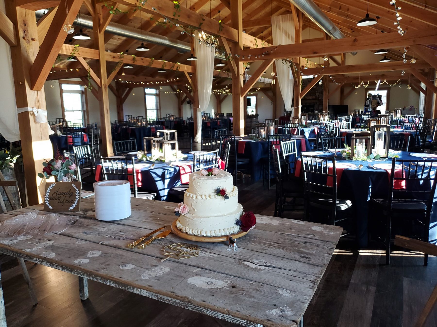 Wedding cake on table- Fox Meadow Barn - Blue Ridge Timberwrights Event Venues Gallery